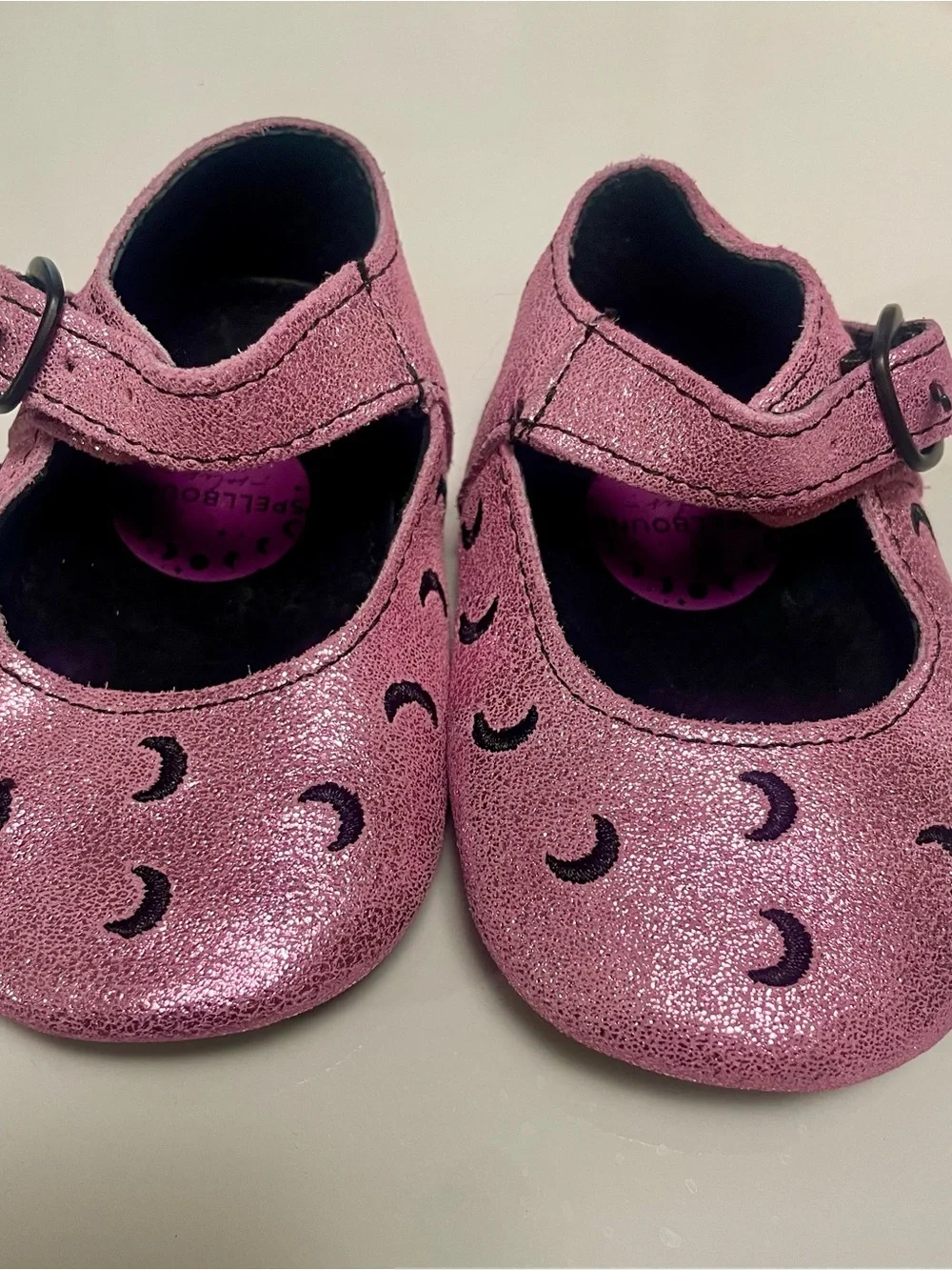 Pink Glittery Mary Jane Baby Shoes with Half Moons (size 2)